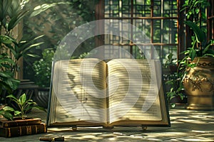 Serene Home Library with Sunlight Streaming over Open Vintage Book on Wooden Table Amidst Greenery