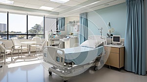 Serene Hospital Room: Neatly Made Bed, Soft Shadows, and Natural Daylight