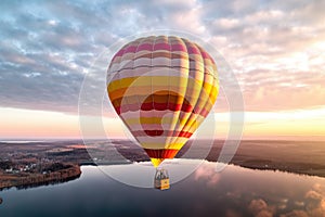 Serene Hot Air Balloon Adventure in Sunset Sky with Pure Cloud Copy Space - Aerial Landscape Photography