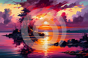 A serene illustration capturing the beauty of a sunset over a lake, featuring a mesmerizing display of vibrant shades of orange,