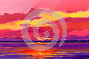 A serene illustration capturing the beauty of a sunset over a lake, featuring a mesmerizing display of vibrant shades of orange,