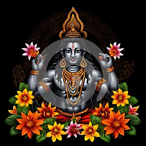 Maha shivratri illustration of trishul damru and flowers with black background shivratri post photo