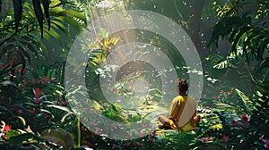 A serene illustration of a person meditating by a lake, with mountains in the background, reflecting the moon and nature