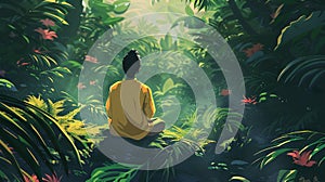 A serene illustration of a person meditating by a lake, with mountains in the background, reflecting the moon and nature