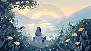 A serene illustration of a person meditating by a lake, with mountains in the background, reflecting the moon and nature