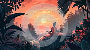 A serene illustration of a person meditating by a lake, with mountains in the background, reflecting the moon and nature