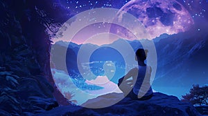 A serene illustration of a person meditating by a lake, with mountains in the background, reflecting the moon and nature