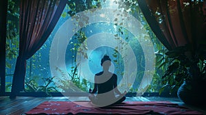 A serene illustration of a person meditating by a lake, with mountains in the background, reflecting the moon and nature