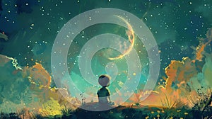 A serene illustration of a person meditating by a lake, with mountains in the background, reflecting the moon and nature