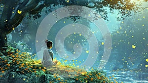 A serene illustration of a person meditating by a lake, with mountains in the background, reflecting the moon and nature