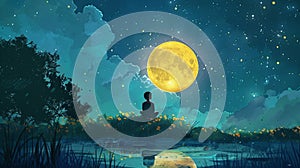 A serene illustration of a person meditating by a lake, with mountains in the background, reflecting the moon and nature