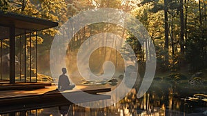 A serene illustration of a person meditating by a lake, with mountains in the background, reflecting the moon and nature