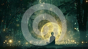 A serene illustration of a person meditating by a lake, with mountains in the background, reflecting the moon and nature