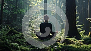 A serene illustration of a person meditating by a lake, with mountains in the background, reflecting the moon and nature