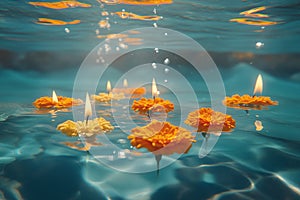 Ethereal Underwater Day of the Dead Offering with Marigolds and Candles Floating Peacefully in Clear Water photo