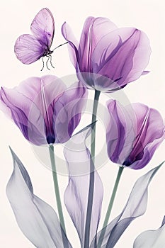 A serene image capturing the beauty of three purple tulips with a delicate butterfly in flight, against a soft