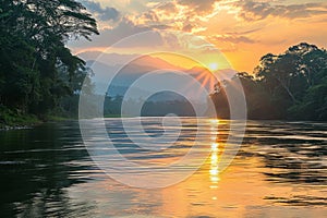 A serene image capturing the setting sun casting its warm glow over the calm waters of a river, Sunset casting warm colors over a