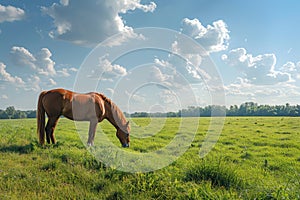 Peaceful brown horse grazing in a lush green meadow under a blue sky with fluffy clouds