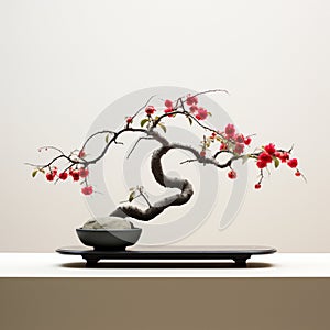 A serene image of a Crabapple Bonsai against a minimalist backdrop, emphasizing the beauty of simplicity in bonsai artistry, with