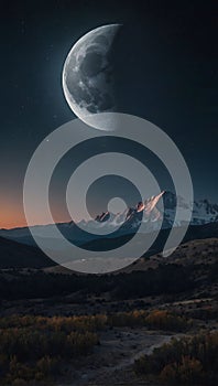 A serene image of a crescent moon rising over a snow-capped mountain