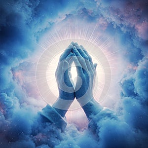 Serene Image of Praying Hands in Blue and Pink