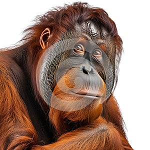 Serene image of an orangutan perched against a white background