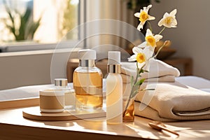 A serene image of a spa setting with curcuma-infused beauty products, highlighting its use in skincare. Generative Ai