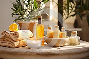 A serene image of a spa setting with curcuma-infused beauty products, highlighting its use in skincare. Generative Ai