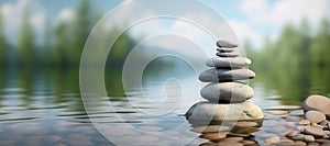 A serene image of a tower of zen stones delicately balanced in a natural setting, surrounded by calming elements like water or