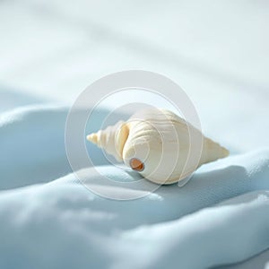 Single White Seashell on Blue Cloth