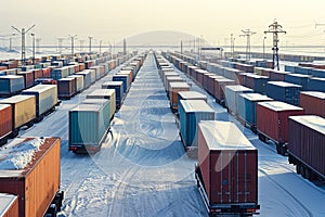 A serene, industrial port scene with rows of snow-covered shipping containers and electrical lines against a clear sky