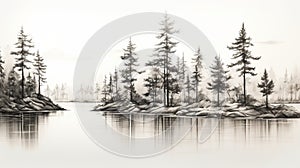 Serene Ink Painting: Pine Trees Along Water photo