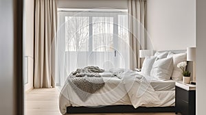 The Serene Interior of a Light Modern Bedroom with a Soft White Bed, Pillows, and Blanket, Illuminated by a Lamp Near a Window