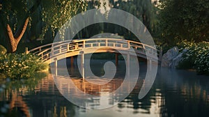 A serene and intimate moment captured at the golden hour as the bridge and its surroundings reflect the peacefulness of