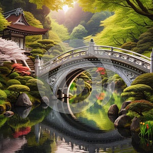 A serene Japanese garden with a gracefully arched bridge spanning a tranquil koi pond.