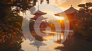 Serene japanese garden at sunset. traditional pagoda architecture. calm reflective pond. tranquil nature scene for