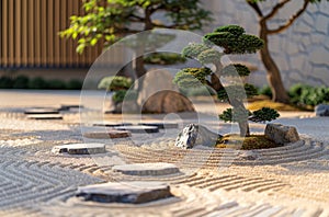 Serene Japanese Zen Garden with Bonsai and Raked Sand
