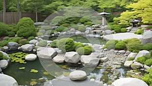 A serene, Japanese Zen garden with meticulously raked gravel and a peaceful pond.
