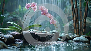 Serene Japanese Zen Garden with Orchid, Bamboo, and Rock Fountain