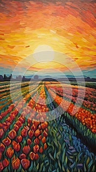 Serene Joyful Sunrise Over Vibrant Tulip Fields in Oil Painting Style.