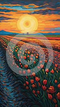 Serene Joyful Sunrise in Vibrant Tulip Fields: An Oil Painting in Post-Impressionism Style.