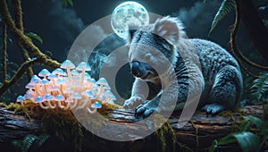 Koala in Enchanted Forest with Magic Mushrooms under Moonlight.