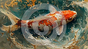 A serene koi fish swimming amidst swirling water embodying the harmonious coexistence of the yin and yang