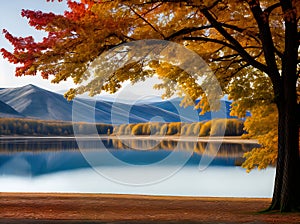 serene lake autumn hues in watercolour