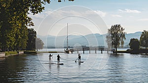 Sunny Lake Constance Serenity: Sailboats, Paddleboarders, and a Wooden Bridge. photo