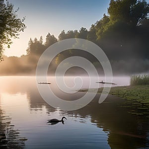 A serene lake at dawn, with mist rising from the water and birds chirping in the distance, offering a peaceful scene5