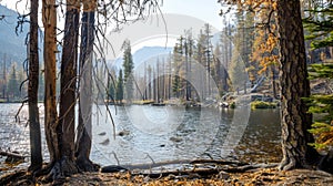 A serene lake framed by tall trees their leaves dappled with new sunlight as they begin to heal from the fires aftermath