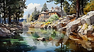 Serene Lake House Painting In The Style Of Rob Hefferan