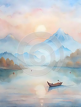 Serene Lake Landscape with Boat and Mountains at Sunset