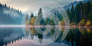 Serene Lake Landscape Misty Morning Peaceful Reflection